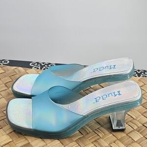 Mudd Y2K Holographic Mambo Blue Chunky Heel Shoes Size 8.5